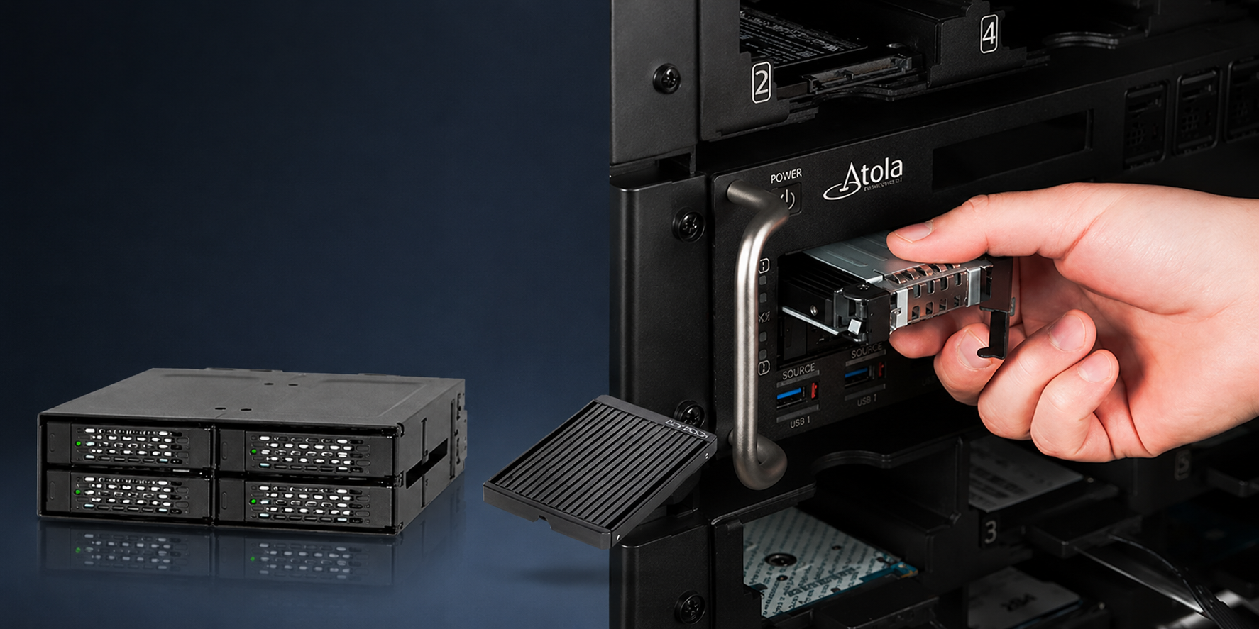 Atola TaskForce 2 using ICY DOCK removable NVMe enclosures, with the original system markings preserved