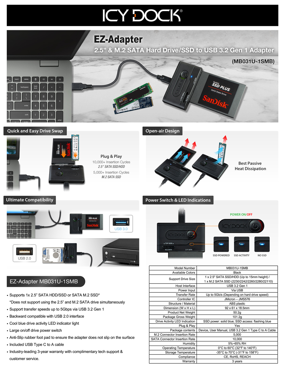 Icy Dock EZ-Adapter MB031U-1SMB Drive Enclosure SATA, M.2 - USB 3.2 (G –  Network Hardwares