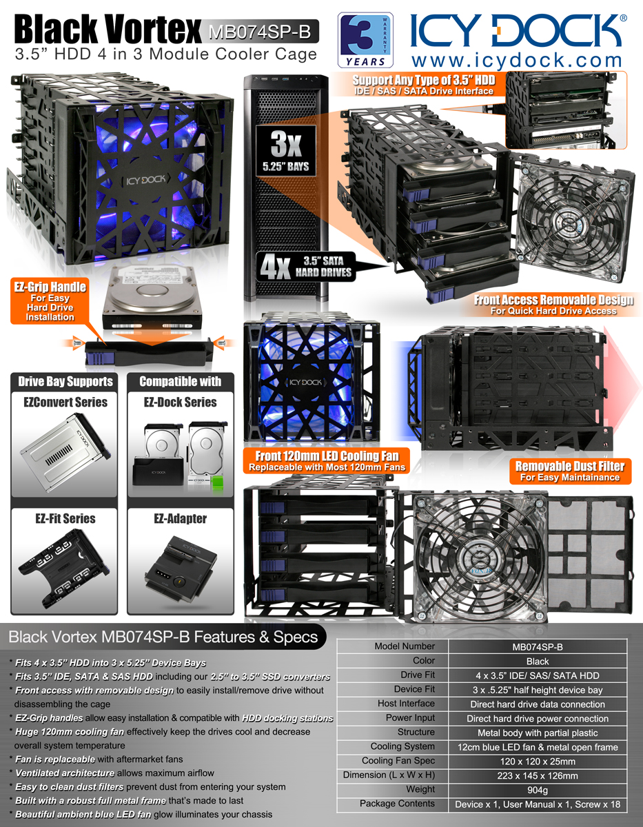 NeweggBusiness - ICY DOCK MB074SP-B Metal body with partial plastic 3.5 &  5.25 Black SATA I/II/III HDD 4-in-3 Module Metal Open Frame Cooler Cage w/  120 mm blue LED fan