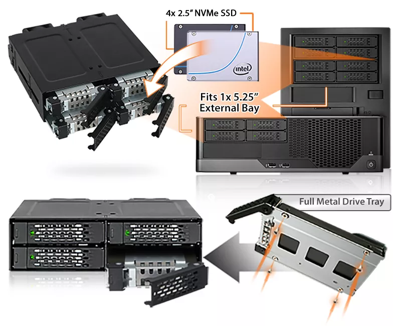 MB699VP-B_4 Bay 2.5" U.2/U.3 NVMe SSD PCIe 4.0 Mobile Enclosure for External 5.25" Drive Bay (4 x Mini-SAS HD SFF-8643, no Tri-mode support)